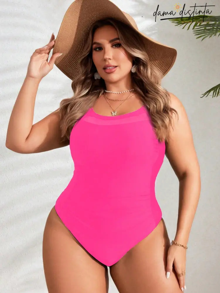 Maiô Feminino Detalhe Malha Contraste Anna. Plus Size Pink / Gg(42-46) Uma Peça