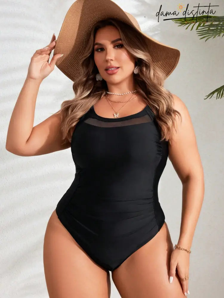 Maiô Feminino Detalhe Malha Contraste Anna. Plus Size Preto / Gg(42-46) Uma Peça