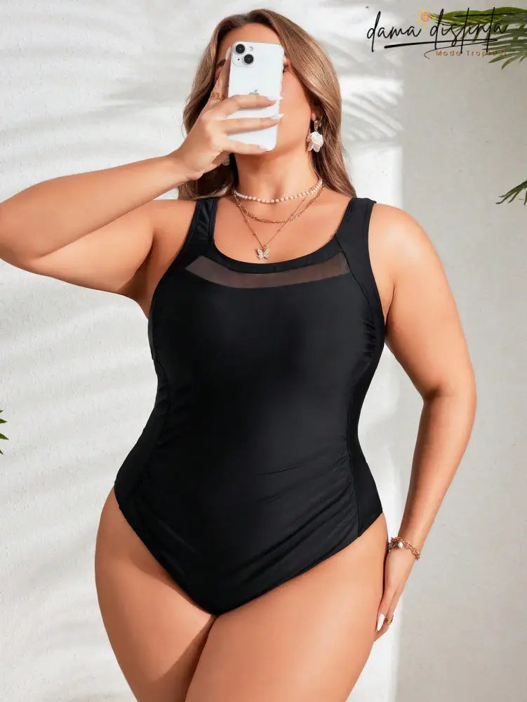 Maiô Feminino Detalhe Malha Contraste Anna. Plus Size Uma Peça
