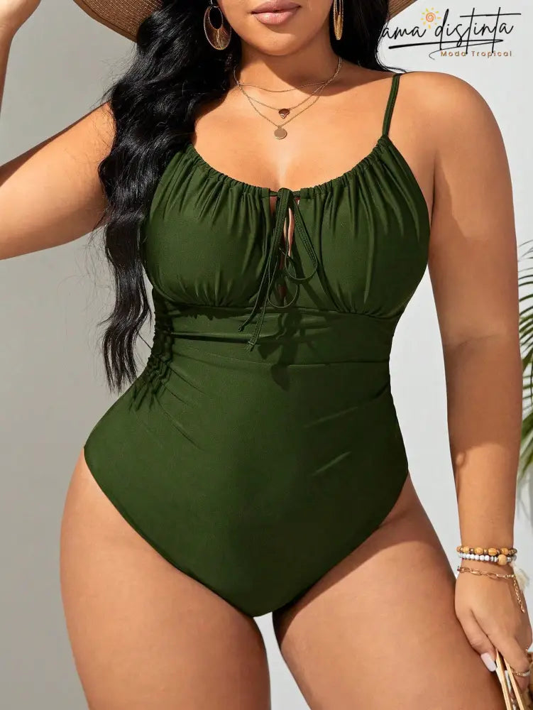Maiô Feminino Gola Bandeau Cintura Alta Lica. Plus Size Verde Militar / Gg(42-46)