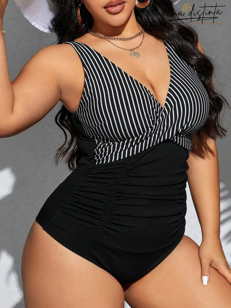 Maiô Feminino Listrado Alças Grossas Michelle. Plus Size Psz029 Uma Peça
