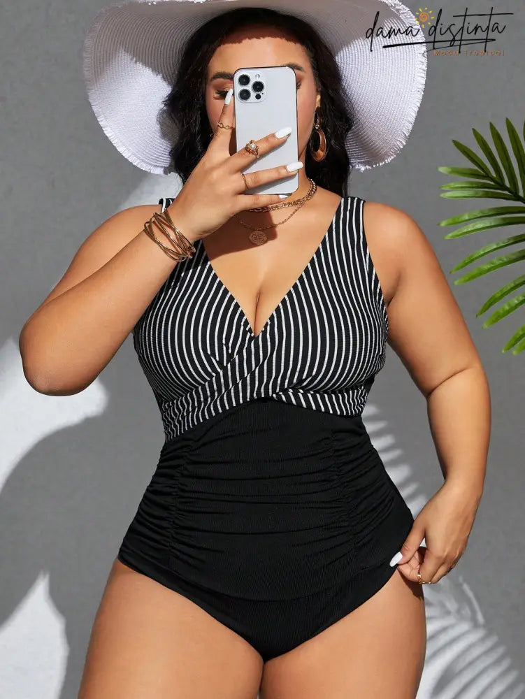 Maiô Feminino Listrado Alças Grossas Michelle. Plus Size Psz029 Uma Peça