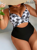 Maiô Feminino Monokini Com Estampa De Coqueiro Lara. Plus Size Preto E Branco / Gg (42-46) Uma Peça