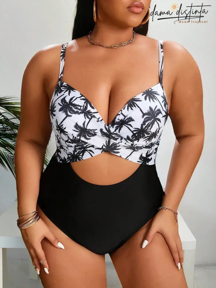 Maiô Feminino Monokini Com Estampa De Coqueiro Lara. Plus Size Uma Peça