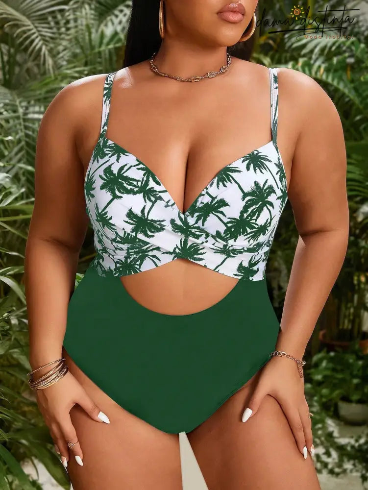 Maiô Feminino Monokini Com Estampa De Coqueiro Lara. Plus Size Uma Peça