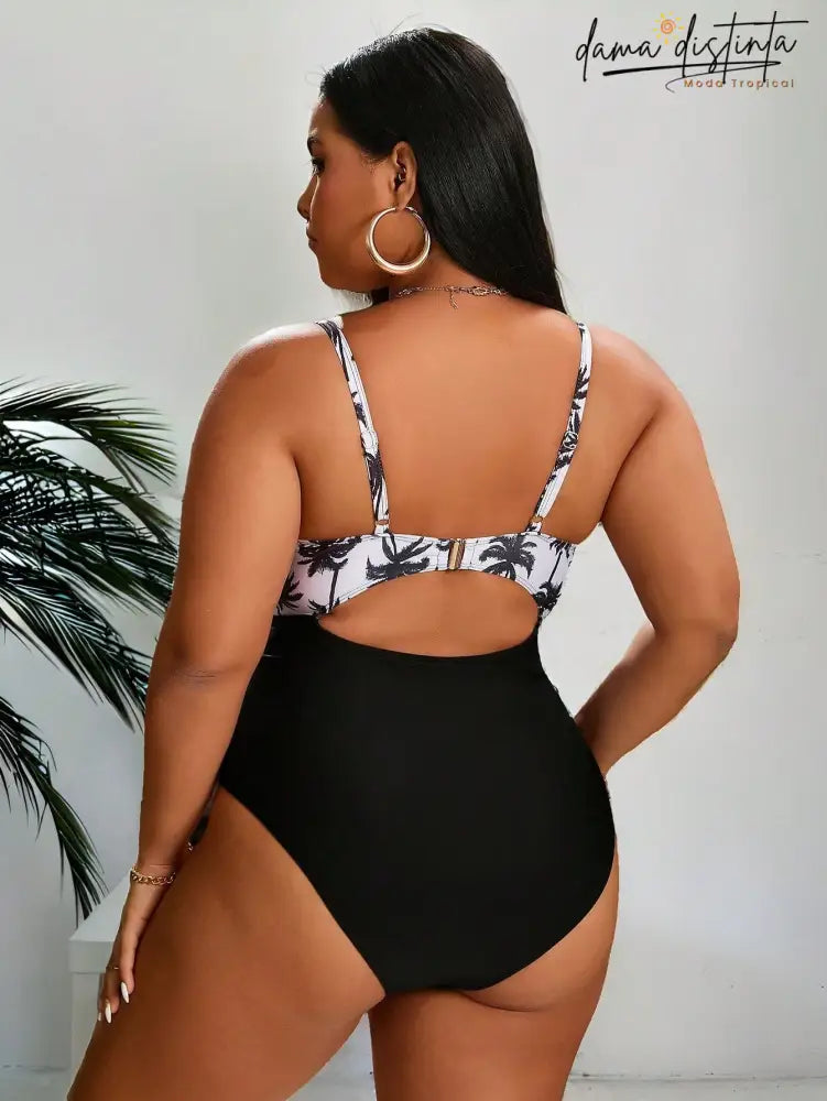 Maiô Feminino Monokini Com Estampa De Coqueiro Lara. Plus Size Uma Peça