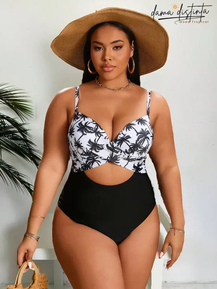 Maiô Feminino Monokini Com Estampa De Coqueiro Lara. Plus Size Uma Peça