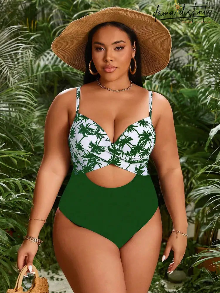 Maiô Feminino Monokini Com Estampa De Coqueiro Lara. Plus Size Uma Peça