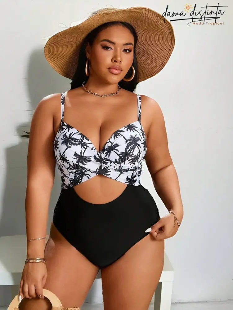 Maiô Feminino Monokini Com Estampa De Coqueiro Lara. Plus Size Uma Peça
