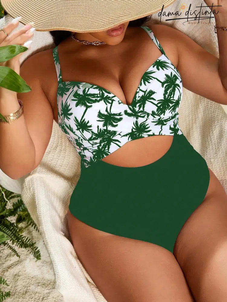 Maiô Feminino Monokini Com Estampa De Coqueiro Lara. Plus Size Verde / Gg (42-46) Uma Peça