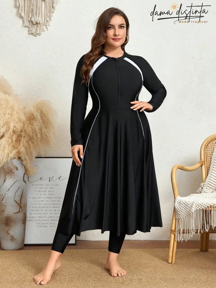 Mulvari Burkini Feminino de Manga Longa com Bloco de Cores Fashion Paolaa. Plus Size