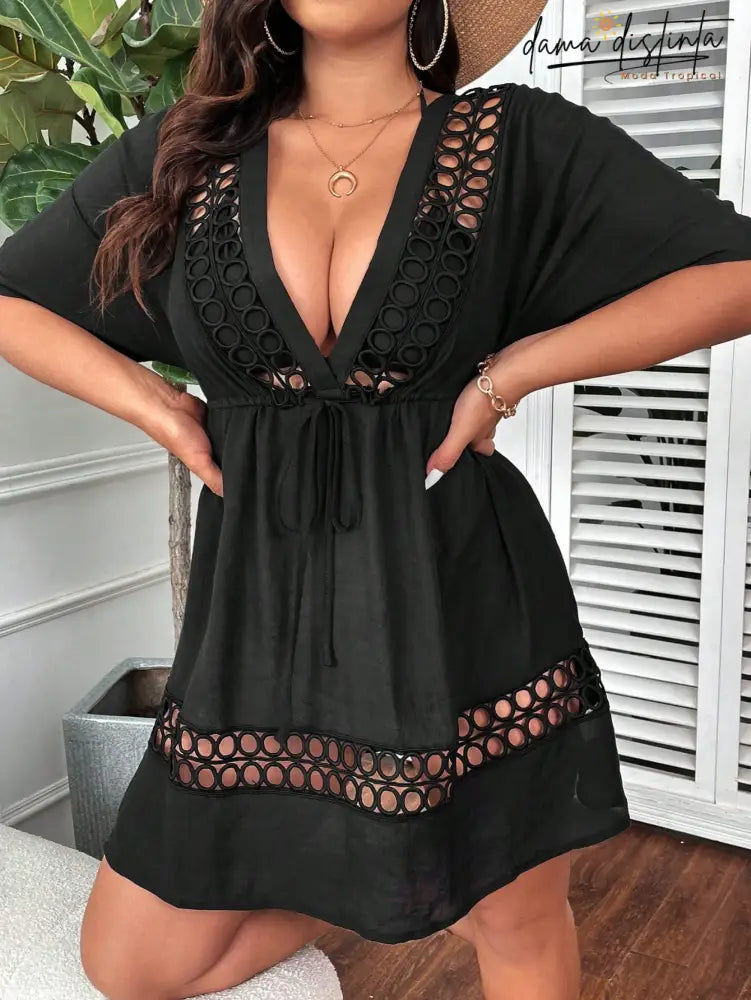 Saida De Praia Feminina Com Bordado Vazado Melina. Plus Size P042 Encobrimentos Plus Size