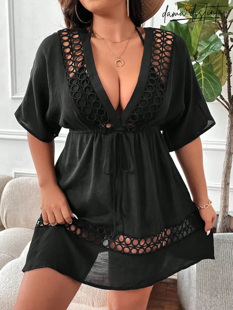 Saida De Praia Feminina Com Bordado Vazado Melina. Plus Size Preto / Gg (42-46) P042 Encobrimentos