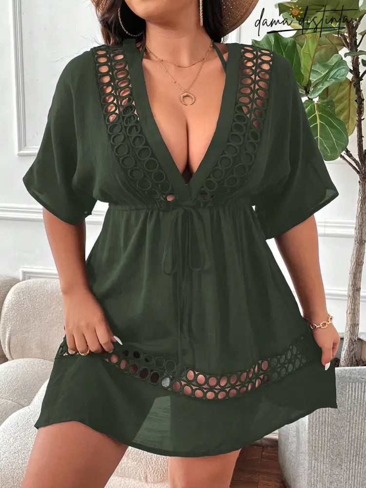 Saida De Praia Feminina Com Bordado Vazado Melina. Plus Size Verde / Gg (42-46) P042 Encobrimentos