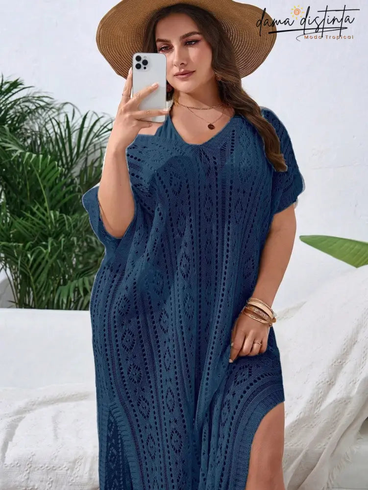 Saída De Praia Feminina Com Design Vazado E Fenda Elegante - Lisly. Plus Size Azul Marinho / Gg