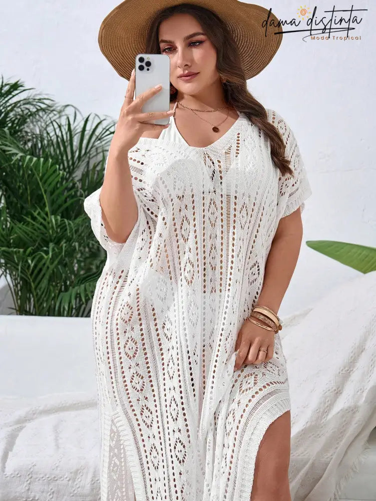 Saída De Praia Feminina Com Design Vazado E Fenda Elegante - Lisly. Plus Size Branco / Gg (42-46)