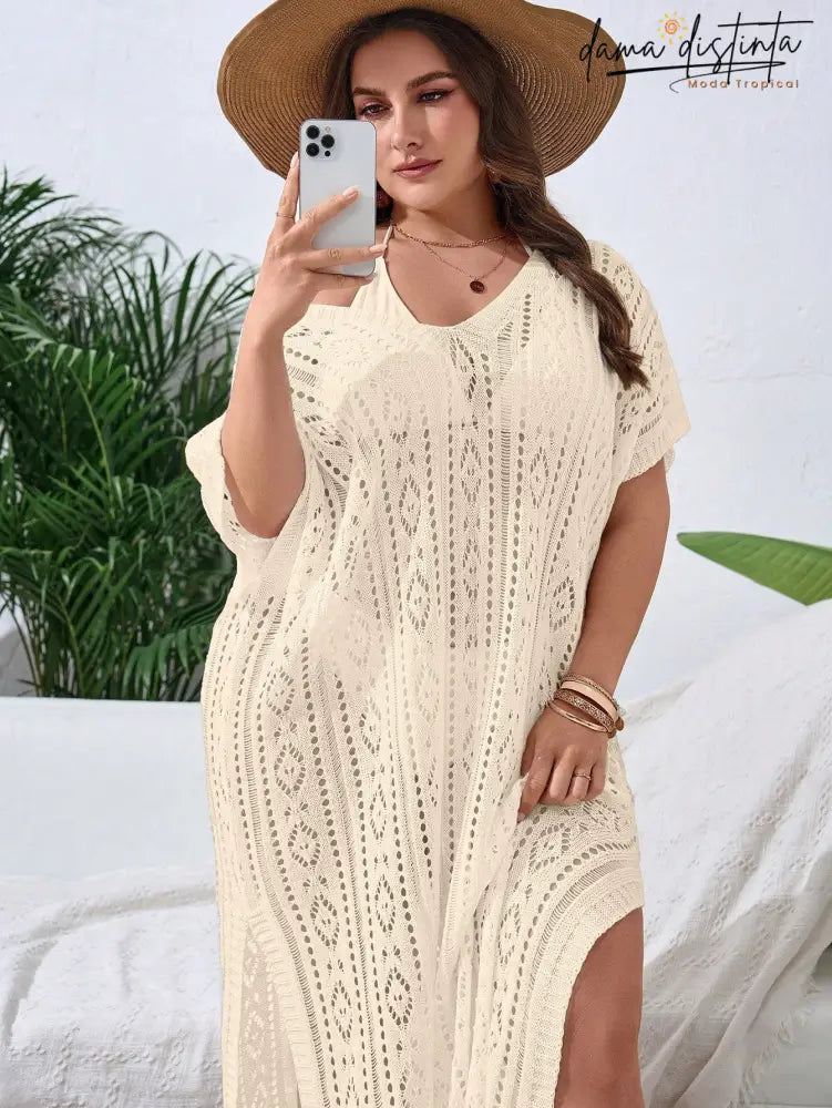 Saída De Praia Feminina Com Design Vazado E Fenda Elegante - Lisly. Plus Size Damasco / Gg (42-46)