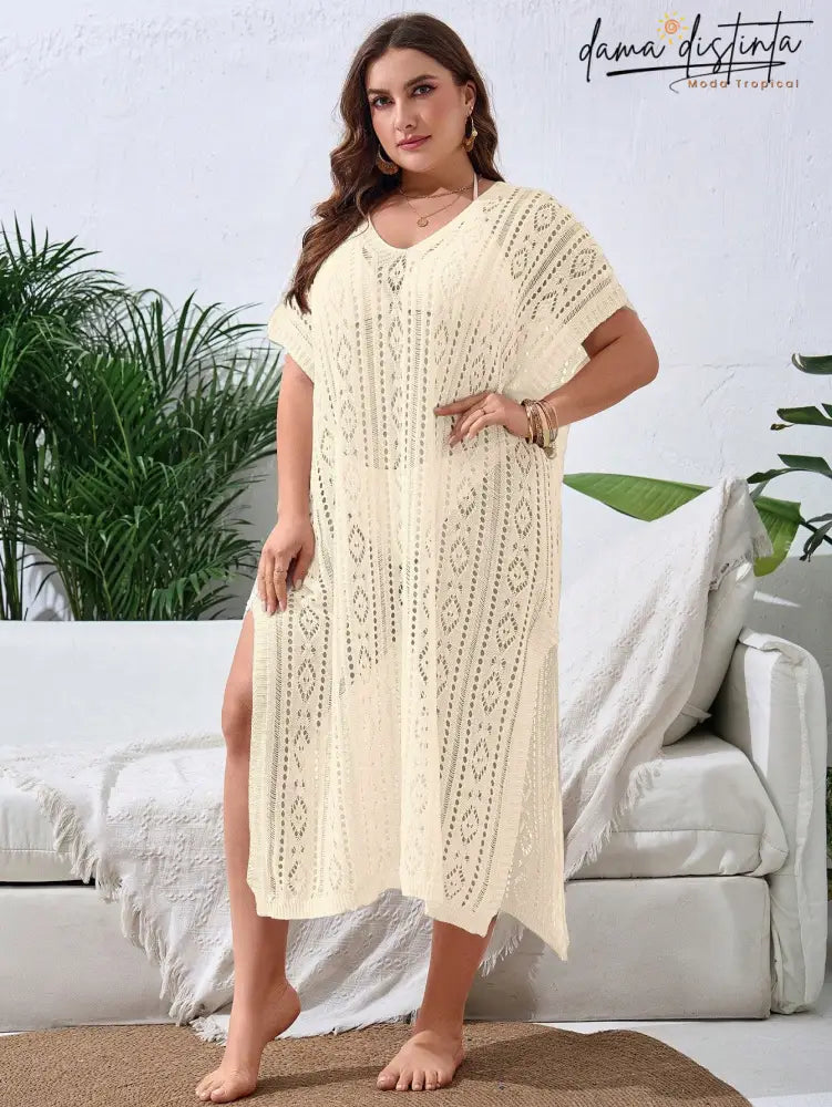 Saída De Praia Feminina Com Design Vazado E Fenda Elegante - Lisly. Plus Size Encobrimentos Plus