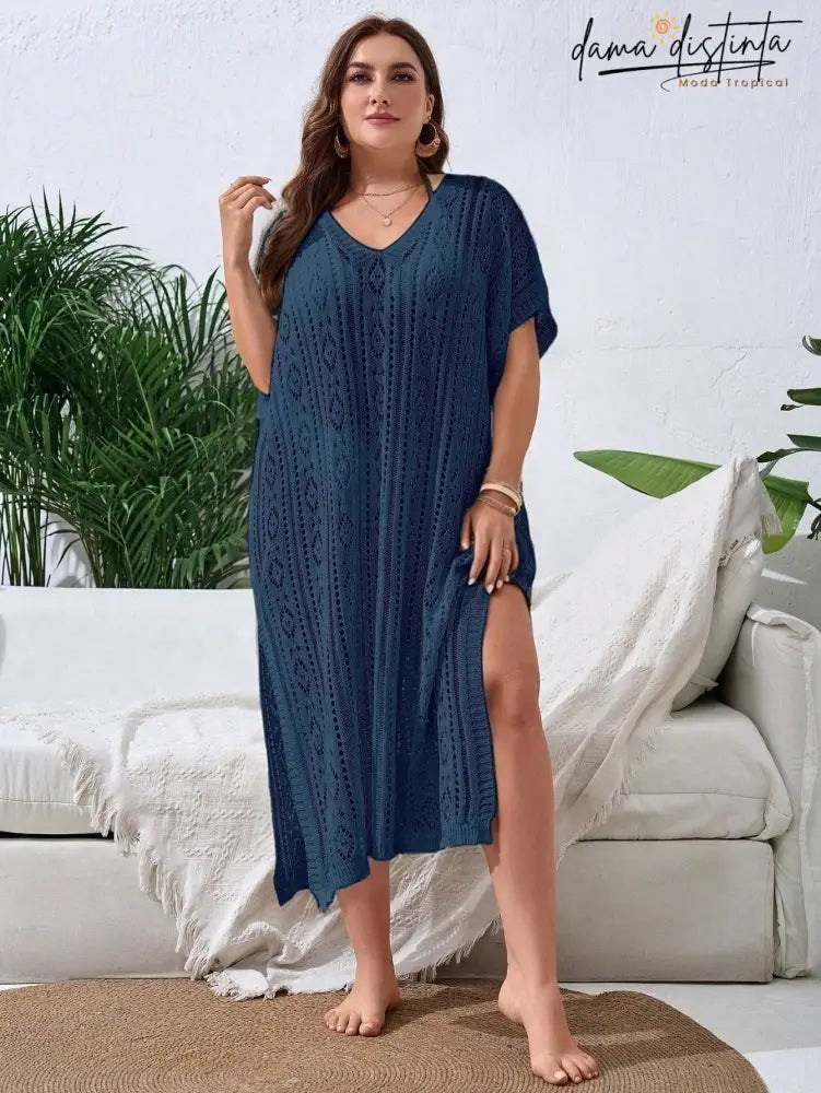 Saída De Praia Feminina Com Design Vazado E Fenda Elegante - Lisly. Plus Size Encobrimentos Plus