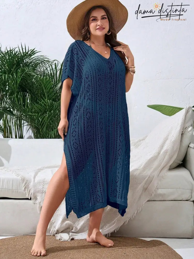 Saída De Praia Feminina Com Design Vazado E Fenda Elegante - Lisly. Plus Size Encobrimentos Plus