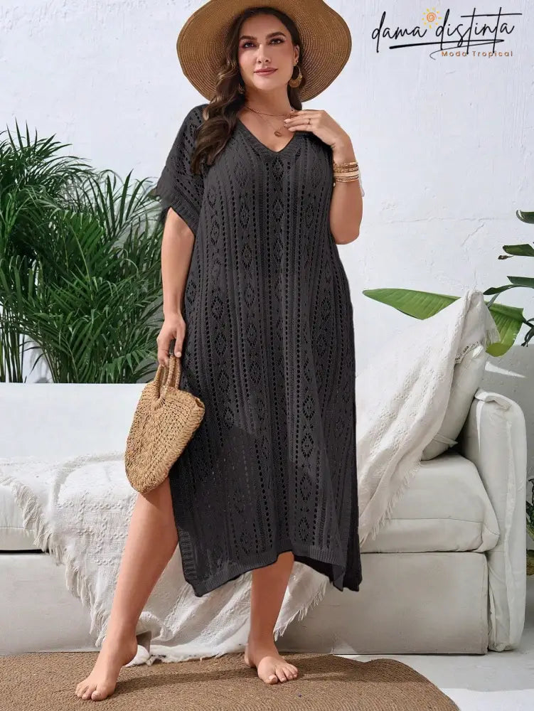 Saída De Praia Feminina Com Design Vazado E Fenda Elegante - Lisly. Plus Size Encobrimentos Plus