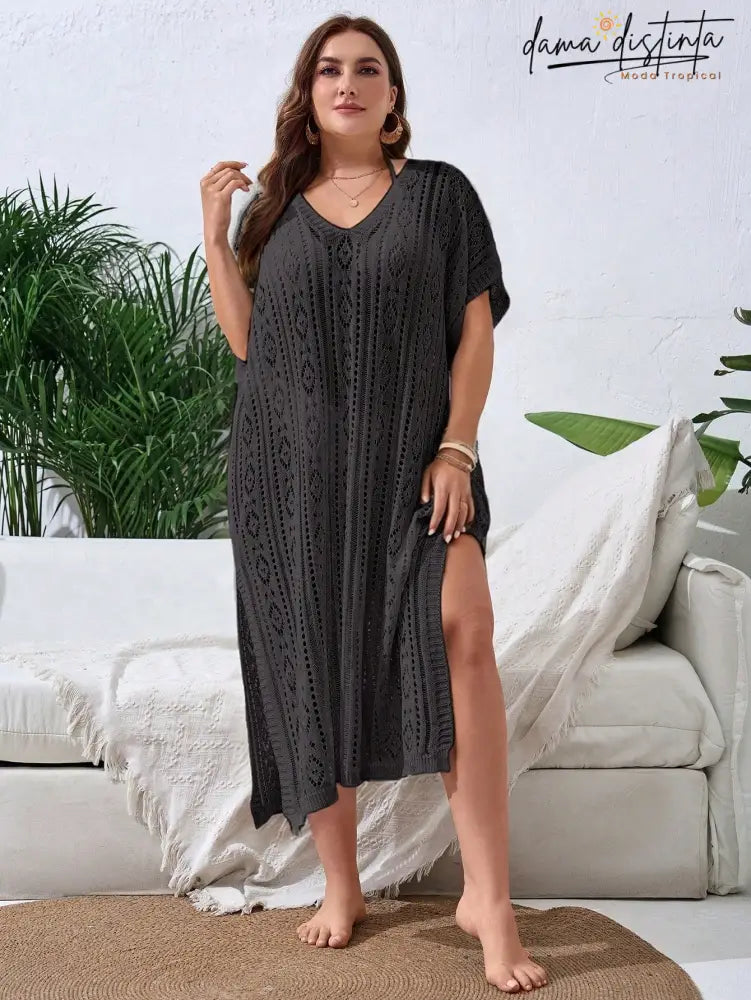 Saída De Praia Feminina Com Design Vazado E Fenda Elegante - Lisly. Plus Size Encobrimentos Plus