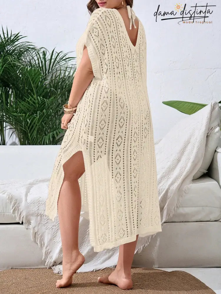 Saída De Praia Feminina Com Design Vazado E Fenda Elegante - Lisly. Plus Size Encobrimentos Plus