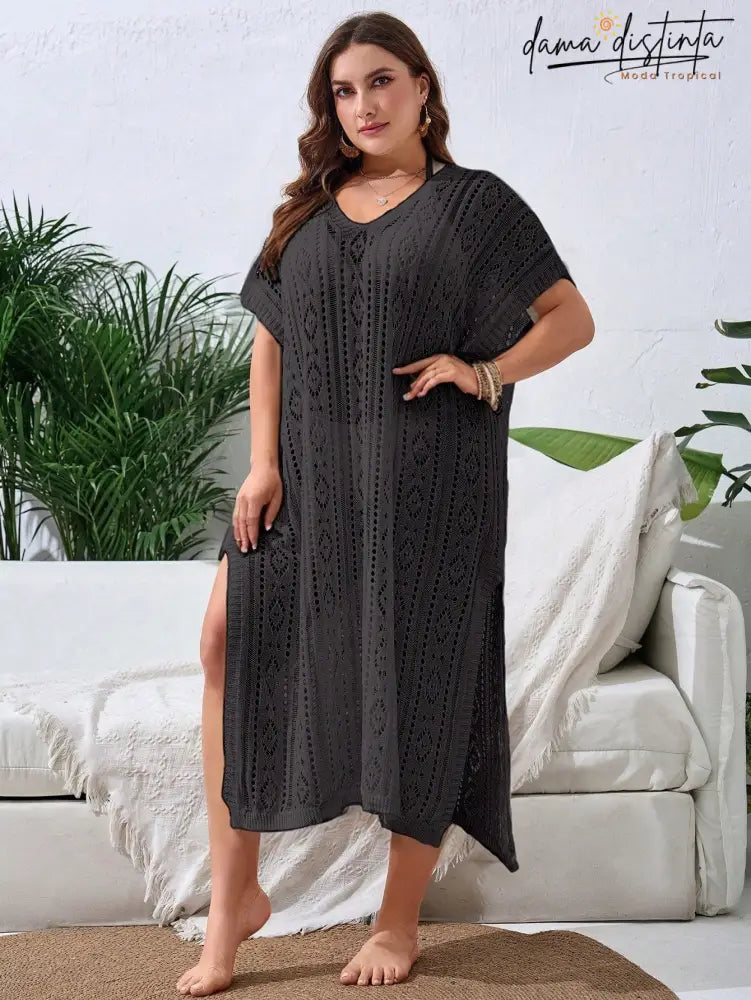 Saída De Praia Feminina Com Design Vazado E Fenda Elegante - Lisly. Plus Size Encobrimentos Plus