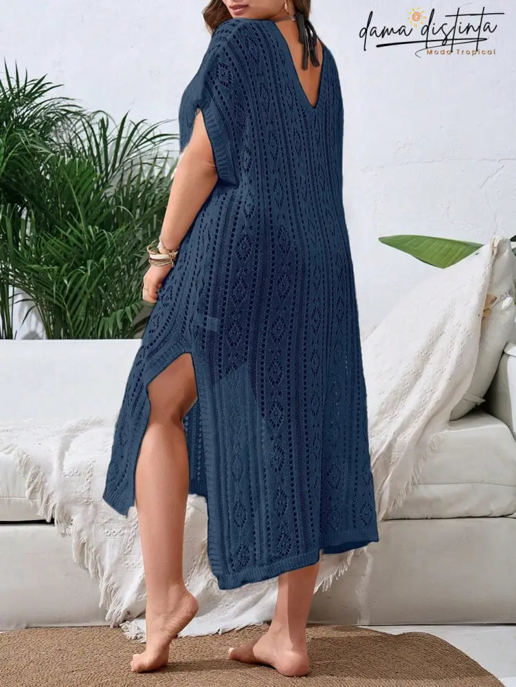 Saída De Praia Feminina Com Design Vazado E Fenda Elegante - Lisly. Plus Size Encobrimentos Plus