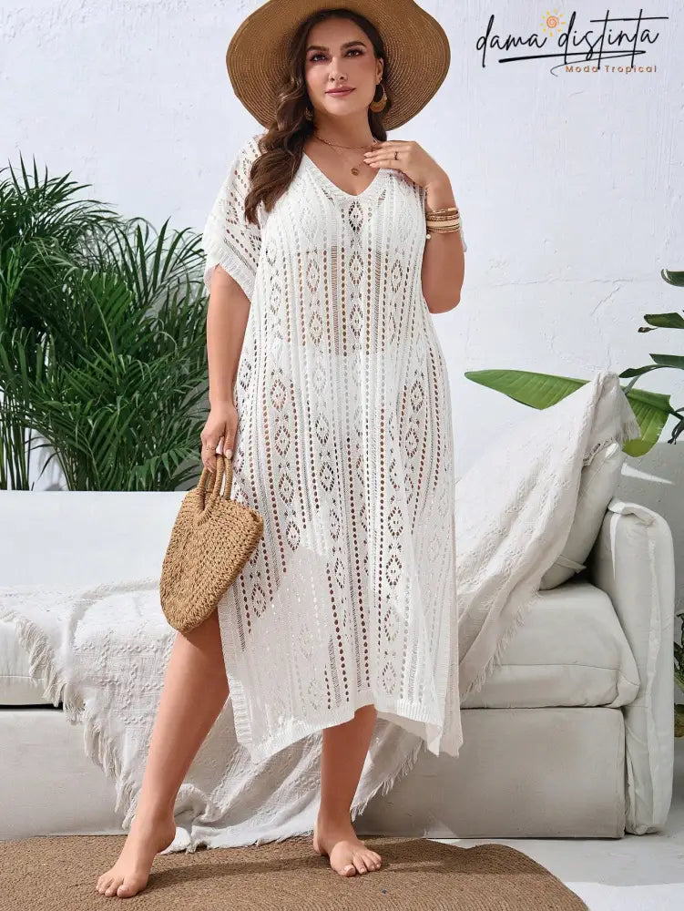 Saída De Praia Feminina Com Design Vazado E Fenda Elegante - Lisly. Plus Size Encobrimentos Plus