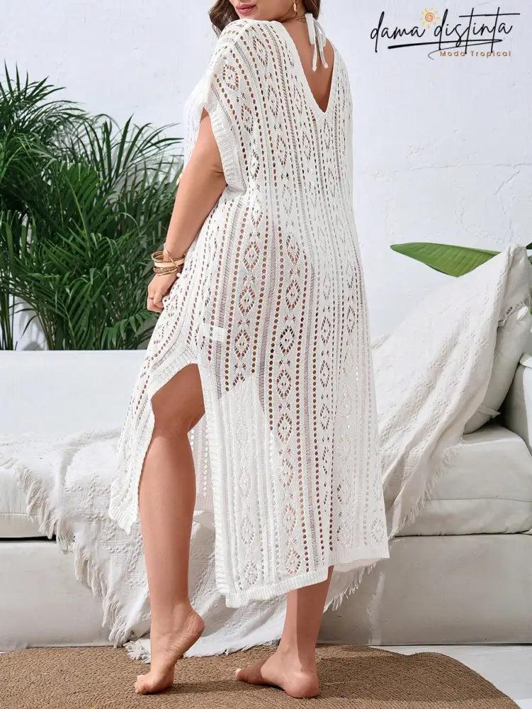 Saída De Praia Feminina Com Design Vazado E Fenda Elegante - Lisly. Plus Size Encobrimentos Plus