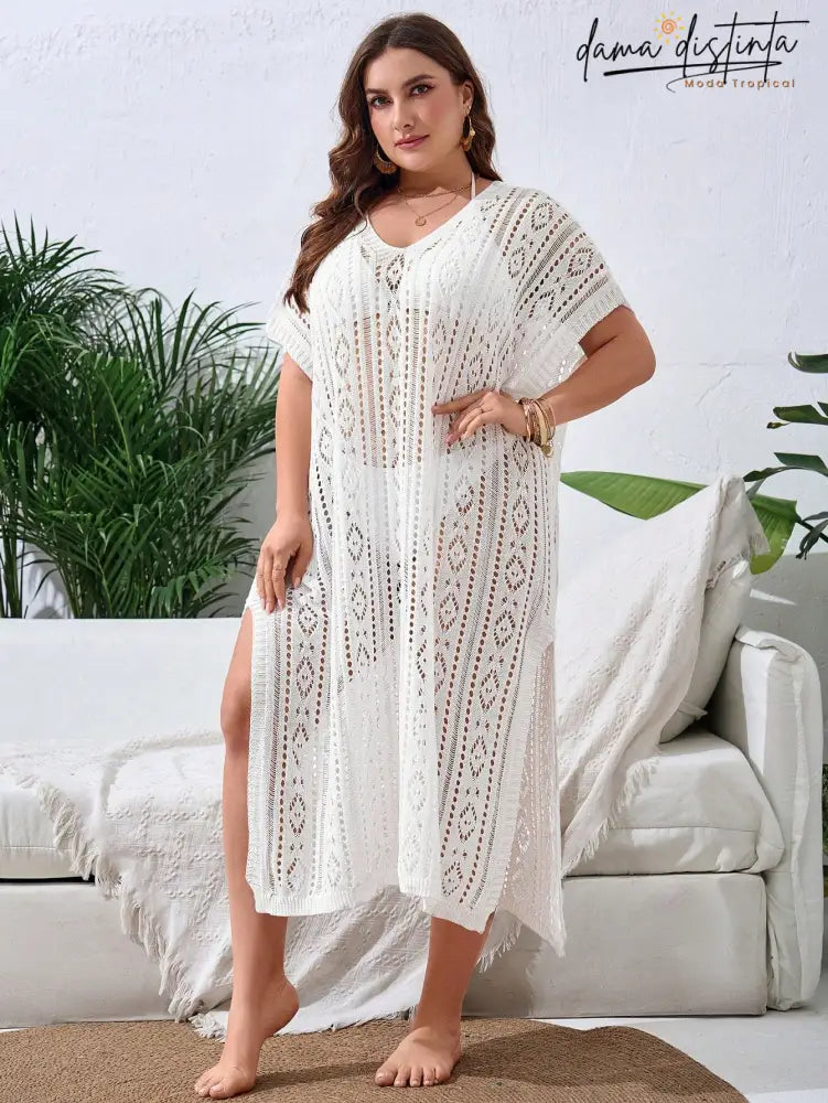 Saída De Praia Feminina Com Design Vazado E Fenda Elegante - Lisly. Plus Size Encobrimentos Plus