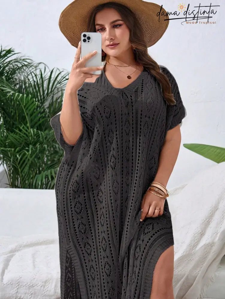 Saída De Praia Feminina Com Design Vazado E Fenda Elegante - Lisly. Plus Size Preto / Gg (42-46)