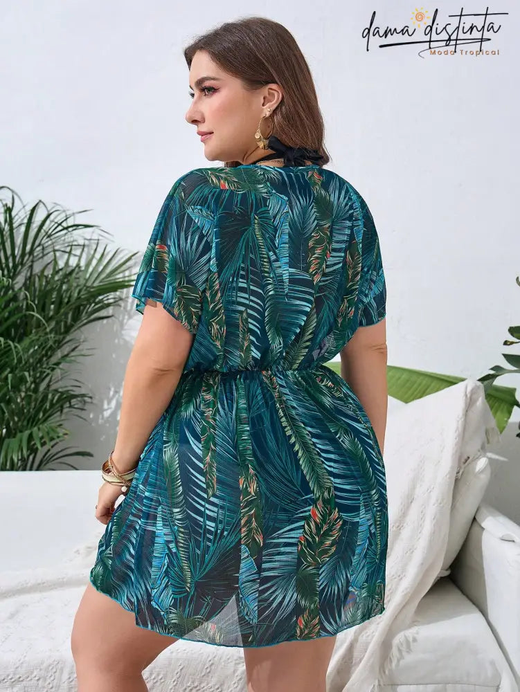 Saída de Praia Feminina com Estampa de Folhagens e Cintura Ajustável - Luana. Plus Size