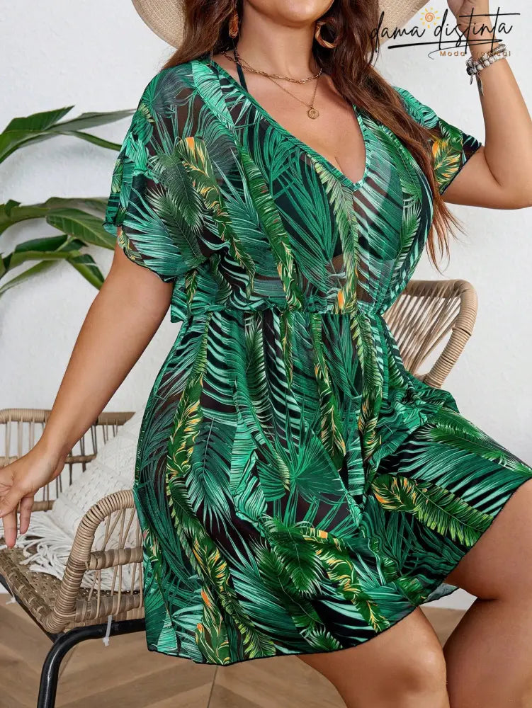 Saída De Praia Feminina Com Estampa Folhagens E Cintura Ajustável - Luana. Plus Size D043