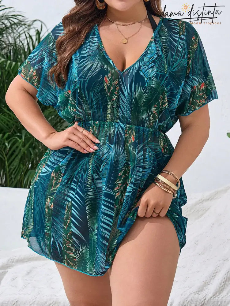 Saída De Praia Feminina Com Estampa Folhagens E Cintura Ajustável - Luana. Plus Size D043