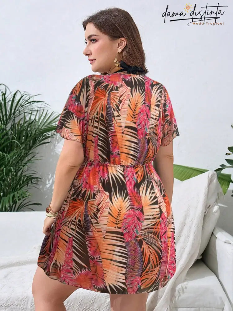 Saída De Praia Feminina Com Estampa Folhagens E Cintura Ajustável - Luana. Plus Size D043