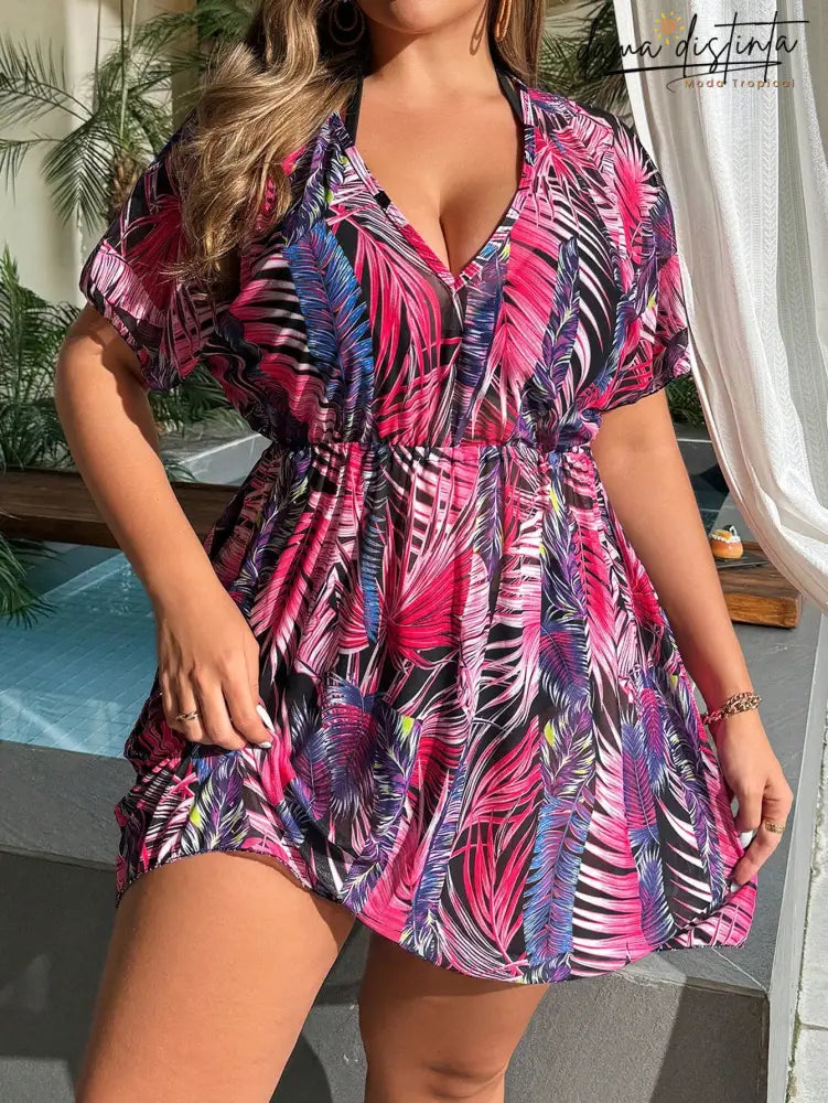 Saída de Praia Feminina com Estampa de Folhagens e Cintura Ajustável - Luana. Plus Size
