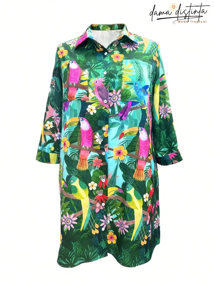 Saída De Praia Feminina Com Estampa Pássaros E Plantas- Naya. Plus Size Blusa Plus Size