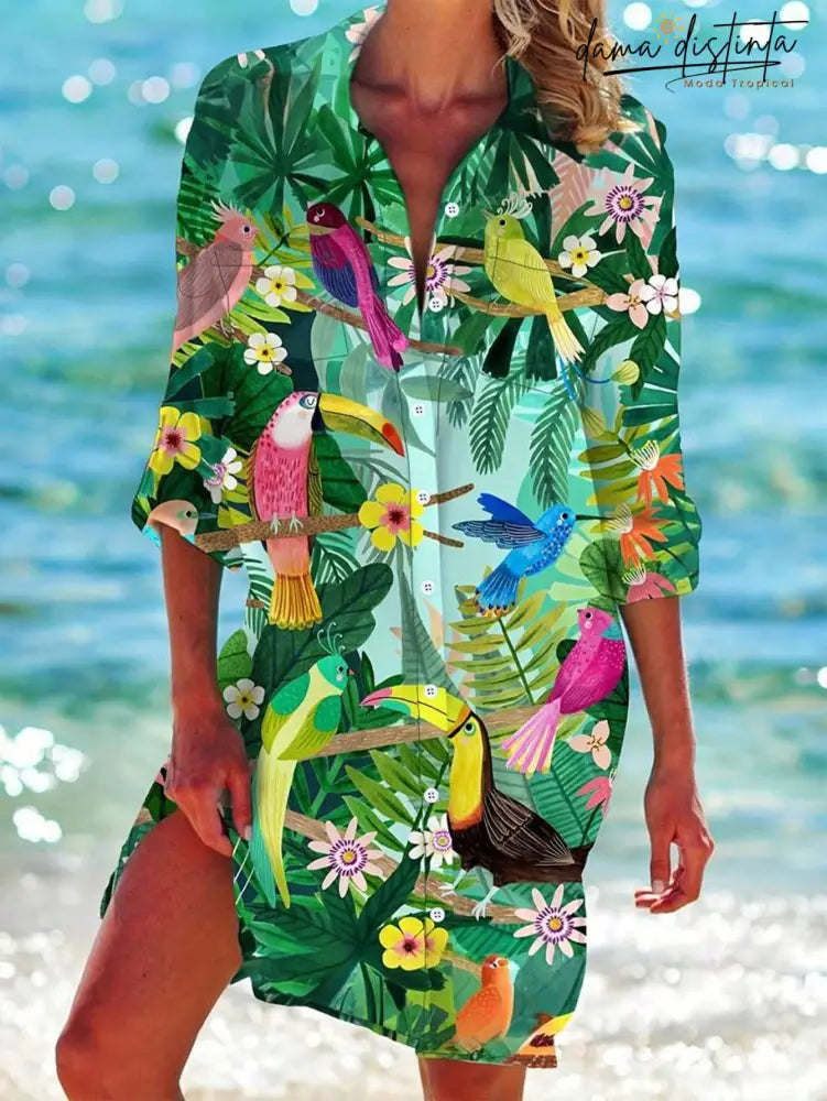 Saída De Praia Feminina Com Estampa Pássaros E Plantas- Naya. Plus Size Blusa Plus Size