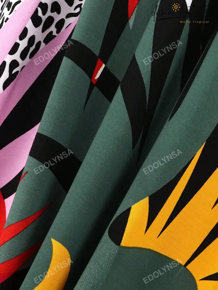 Saída De Praia Feminina Estampado Tropical Com Cinto Giovanna. Plus Size Sp011 Kimono Feminino