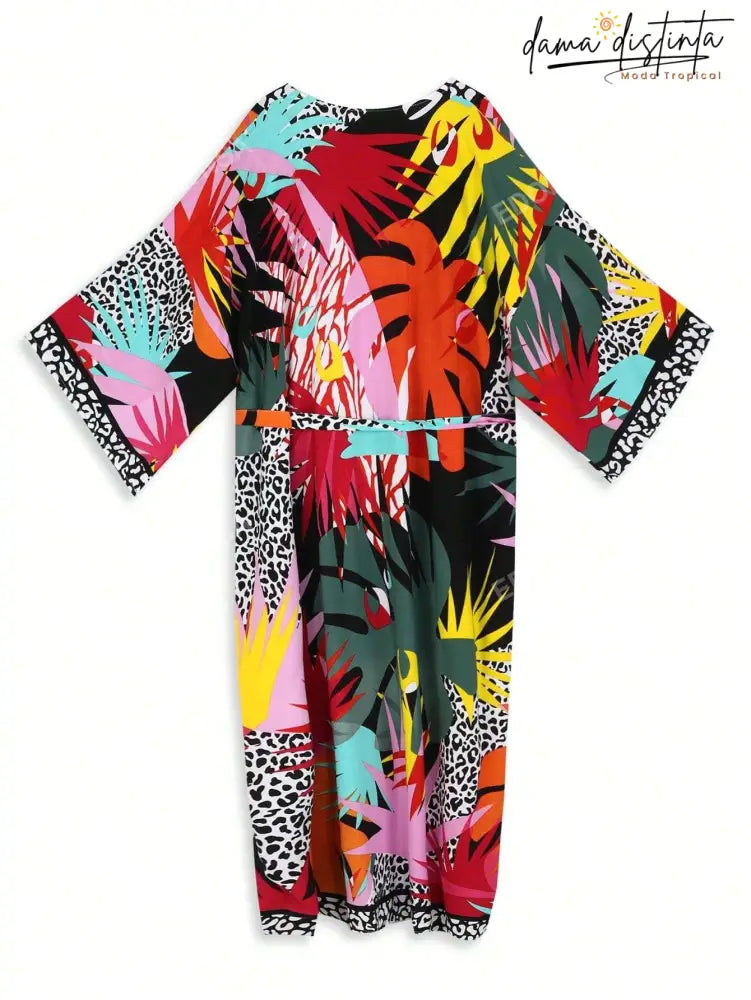Saída De Praia Feminina Estampado Tropical Com Cinto Giovanna. Plus Size Sp011 Kimono Feminino