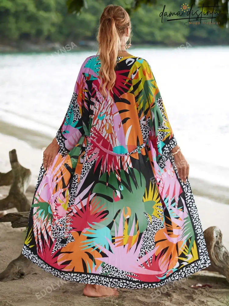Saída De Praia Feminina Estampado Tropical Com Cinto Giovanna. Plus Size Sp011 Kimono Feminino