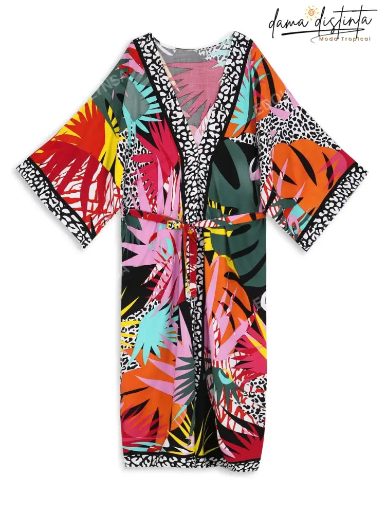 Saída De Praia Feminina Estampado Tropical Com Cinto Giovanna. Plus Size Sp011 Kimono Feminino