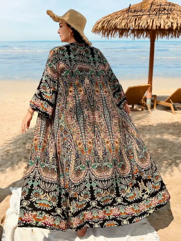 Saída de praia feminina Impressão Paisley mangas compridas Eloá. Plus Size