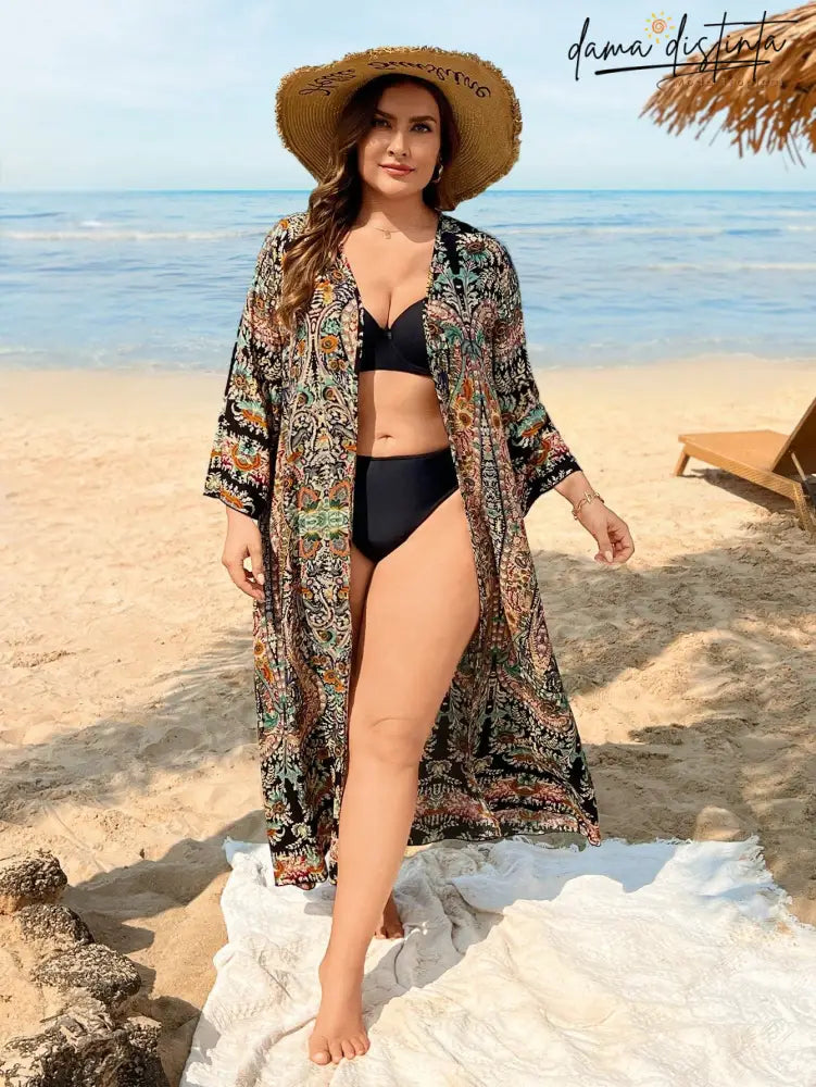 Saída de praia feminina Impressão Paisley mangas compridas Eloá. Plus Size
