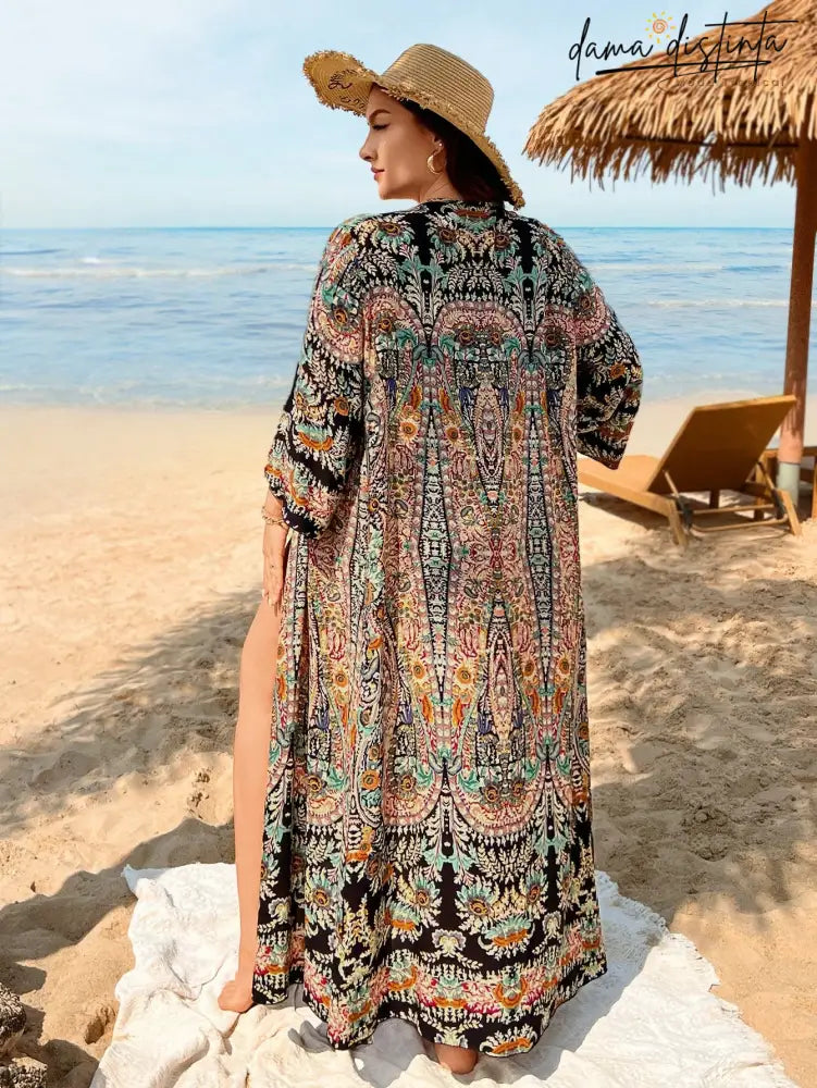Saída de praia feminina Impressão Paisley mangas compridas Eloá. Plus Size