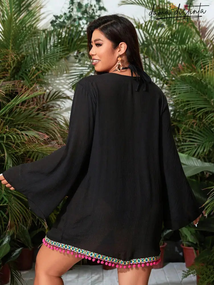 Saída De Praia Feminina Manga Longa Decote V Pequeno Bruna. Plus Size Sp028 Encobrimentos Plus Size
