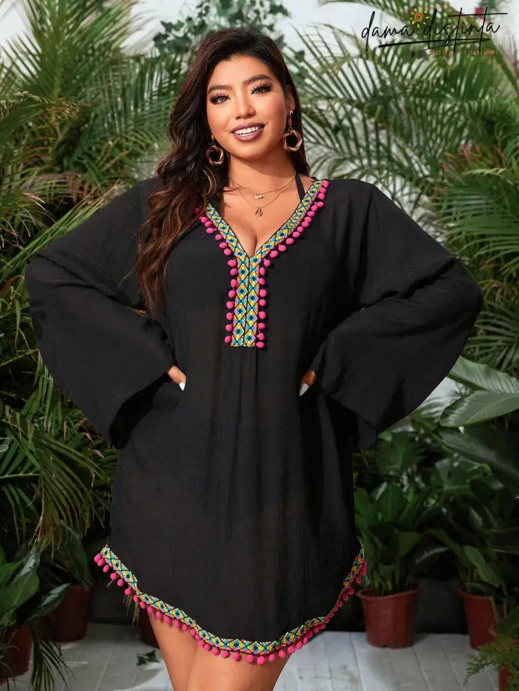 Saída De Praia Feminina Manga Longa Decote V Pequeno Bruna. Plus Size Sp028 Encobrimentos Plus Size