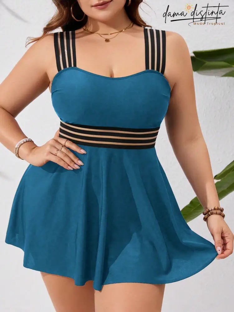 Tankini Feminino Cintura Com Detalhe Transparente Ivina. Plus Size Azul Petróleo / Gg P007 Tankinis